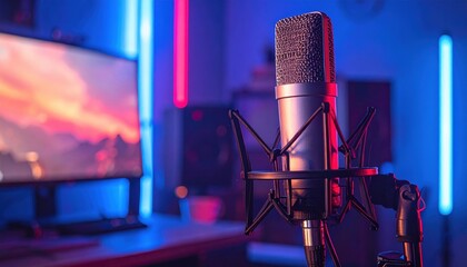 Close-up of a professional microphone in a modern studio setting with vibrant neon lights and a computer screen in the background.