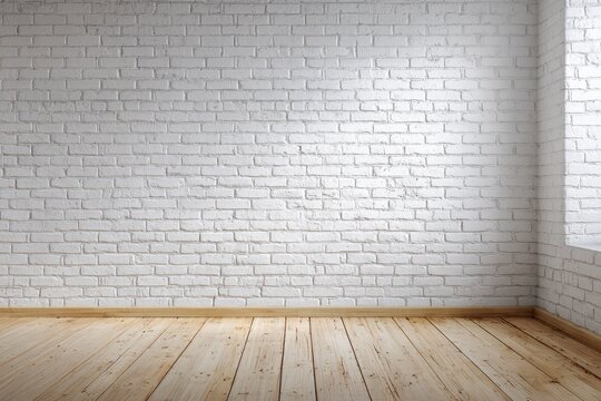 Empty room with white brick wall, wooden floor, and sunlight