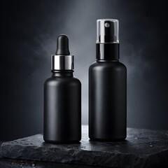 Two black cosmetic bottles standing on dark stone in studio with smoky background