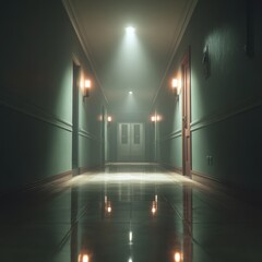 A long hallway shows closed doors and glowing lights in a darkened building during the night