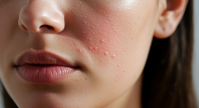 woman face with acne breakout on her cheek skin problems