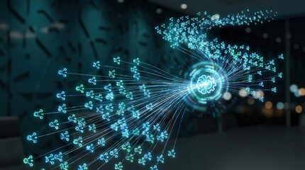 Artificial intelligence machine learning digital technology data network brain icon connectivity automation concept illustrating advanced neural systems and global cloud computing solutions.