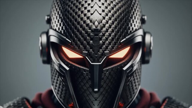 A detailed close-up of a sci-fi armored figure with intimidating red glowing eyes