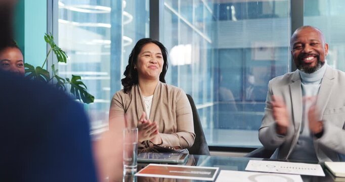 Business people, applause and shaking hands with team for partnership, investment or merger success. Happy group, handshake and clap for financial goal, company acquisition and celebration in office