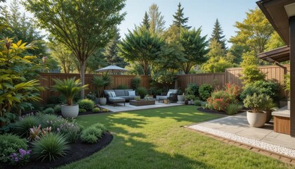 Obraz premium Outdoor Space With Seating Area and Greenery Under Clear Sky During Daytime Near Trees
