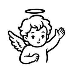 Fototapeta premium Dibujo sencillo con líneas de un querubín saludando sonriente. Angelito feliz con alas