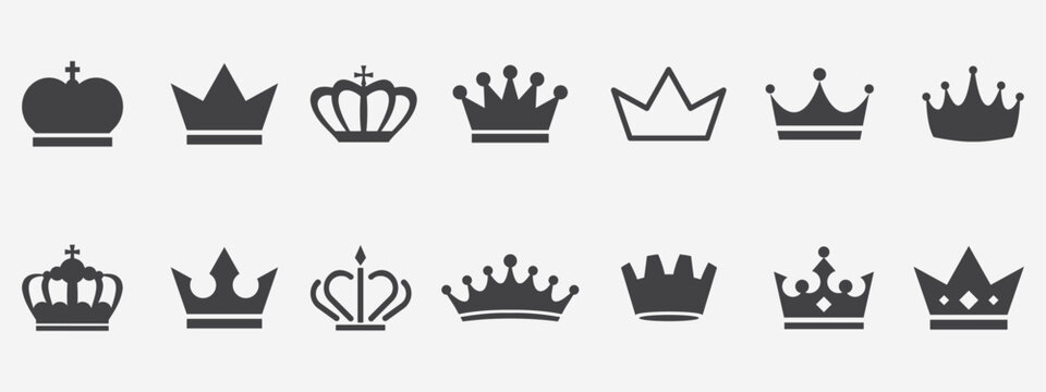 Crown icon set. Royal crown symbol collection.