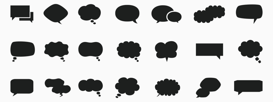 Large collection of black speech bubble icons in various shapes and styles for communication concepts.