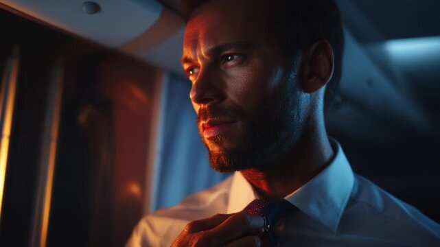 Intense Portrait of a Man Adjusting His Tie, Captured in Dramatic Lighting, Evoking Emotions of Confidence and Determination, Perfect for Themes of Professionalism and Style in Modern Settings.