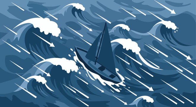 Illustration of a sailboat sailing in rough seas amidst crashing waves and driving rain. The image evokes a sense of struggle and determination. Ideal for travel, and adventure themes.
