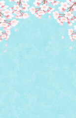 水色の背景と桜の花のフレーム　水彩　春
