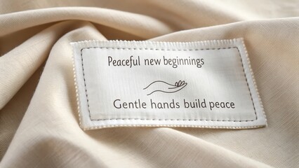 Linen cloth with stitched quote peaceful new beginnings gentle hands build peace