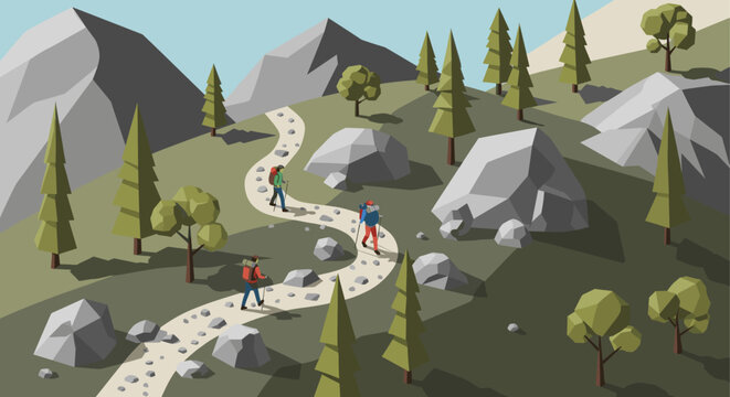 Low-poly illustration featuring three hikers with backpacks on a winding mountain trail, offering a modern, clean aesthetic for adventure, travel, and outdoor themes.