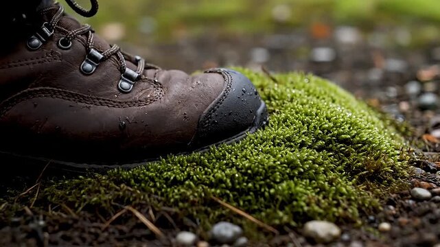 Hiking boot stepping on lush green moss in forest environment