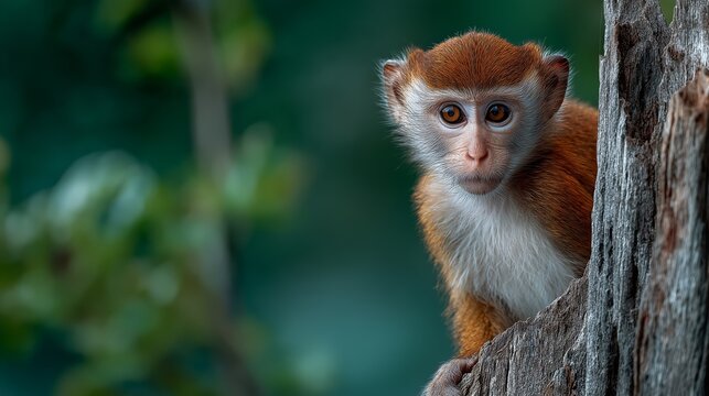 A cute red monkey with big eyes sits on a tree stump and looks at the camera in deep lush forest