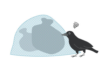 カラス除けネットをかけたゴミとカラス