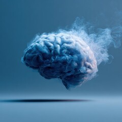 Conceptual illustration of a human brain formed from blue smoke or vapor, symbolizing intelligence, creativity, and the power of the mind.