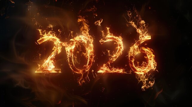 Burning fire numbers 2026 with bright orange flames on dark smoky background for New Year concept