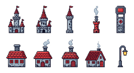 Naklejka premium Pixel art medieval buildings and towers with red roofs and flags