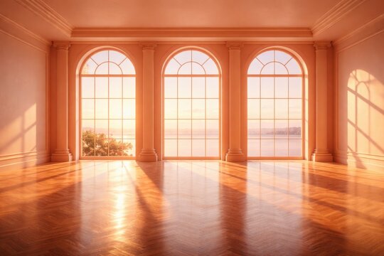 Sunlit grand ballroom with large arched windows overlooking ocean during sunset
