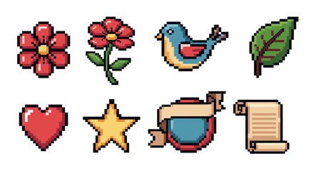 Vintage pixel art icons: nature and symbols collection