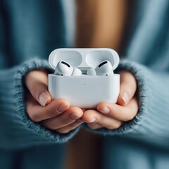 A person holds a case for wireless earbuds with earbuds inside. Soft lighting highlights the hands and case