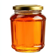 Clear jar filled with golden honey sits on a white surface, showing a smooth texture and rich color