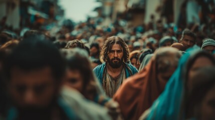 Obraz premium Jesus Christ walking through a crowded city street in ancient times, surrounded by people. Historical biblical scene portraying humility, presence among the people, and spiritual significance.