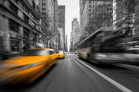 Blurred yellow vehicles speed through a grayscale city street