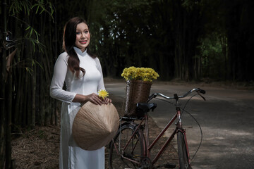 young woman in a white dress.  portrait woman in Vietnam  traditional  