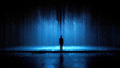 Silhouette stands in a glowing, falling water curtain