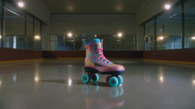 Close-up of a single roller skate with colorful wheels on a polished rink floor under a disco ball, ready for a fun night of skating.