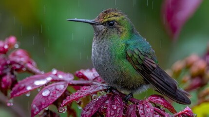Fototapeta premium A tiny hummingbird perched on wet delicate flower petals, capturing iridescent feathers, gentle raindrops, and serene natural beauty in soft morning light.
