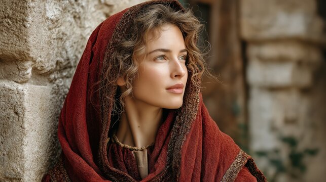 ancient biblical time Israeli woman smile at city street 