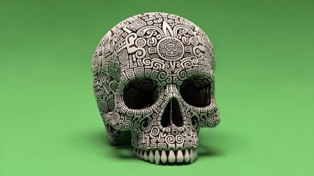 Ornate Skull with Intricate Patterns on Green Background