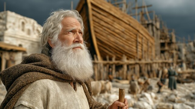 An elderly Noah with a long white beard and solemn face wearing a simple linen robe, standing before a massive wooden ark, evoking biblical history and timeless faith.