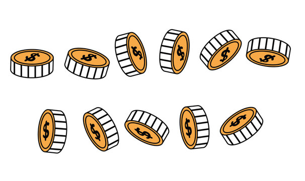 Flying coins icon set different angles. Money pictogram for business and payments