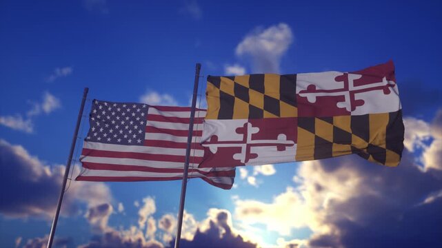 Maryland and United States Flags Waving Against Dramatic Cloudy Sky