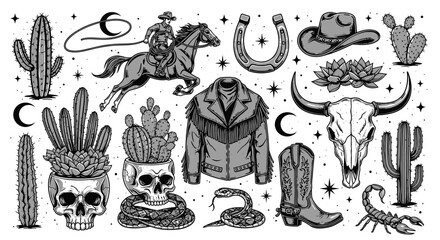 A collection of Western-themed illustrations featuring a cowboy on horseback, cacti, a bull skull, a cowboy hat, boots, and a snake.