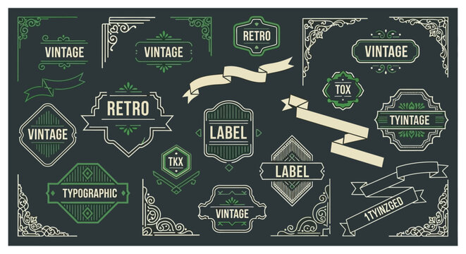 A collection of vintage and retro design elements including ornate borders, labels, and ribbons, presented on a dark background.