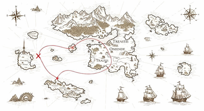 An old hand-drawn fantasy map showing a sea route between islands with ships and compass roses.