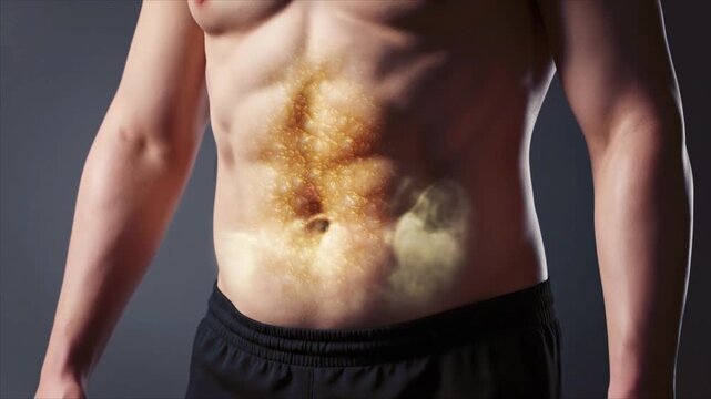 3D Rendered Animation of Male Anatomy - Timelapse Transition from Fat to Fit. Man morphing from fat to slim. Cross fat section burn. Melt fat