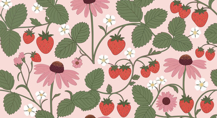 A charming seamless pattern featuring ripe strawberries and delicate pink coneflowers on a soft pink background. © Kinan