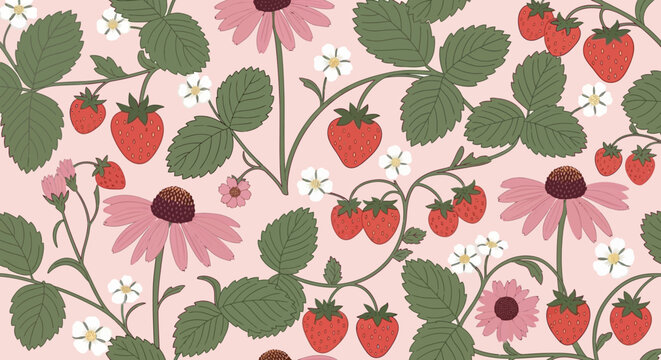 A charming seamless pattern featuring ripe strawberries and delicate pink coneflowers on a soft pink background.