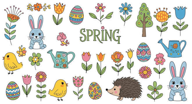A vibrant collection of hand-drawn Easter and spring-themed illustrations featuring cute animals, colorful eggs, and blooming flowers.
