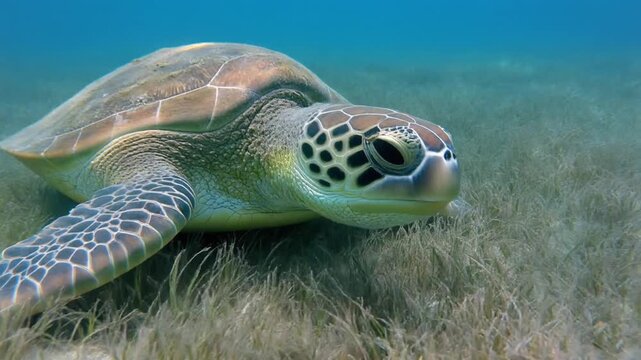 Green Sea Turtle Foraging on Seagrass in Clear Blue Ocean Waters.