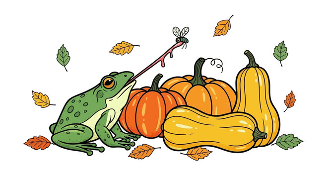 A green frog with its long tongue catching a fly amidst pumpkins and autumn leaves.