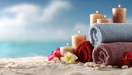 Soft towels, lit candles, and flowers on sand, with ocean and sky backdrop