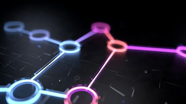 Abstract digital network connection with glowing blue, pink, and purple lines forming nodes and pathways on a dark background, illustrating technological interaction and data flow