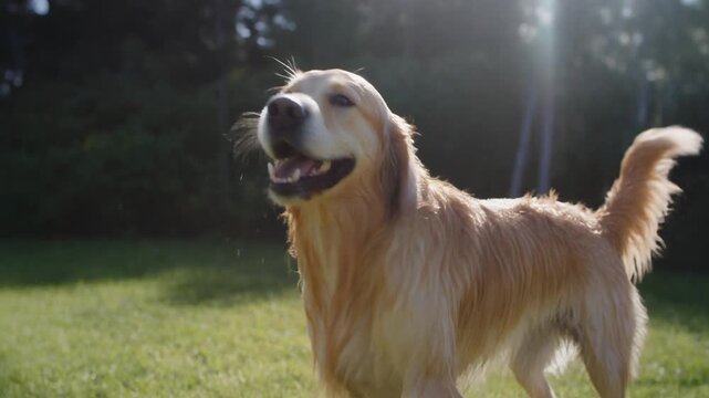 Happy Golden Retriever Shakes Off Water in Slow Motion with Sun Flare.